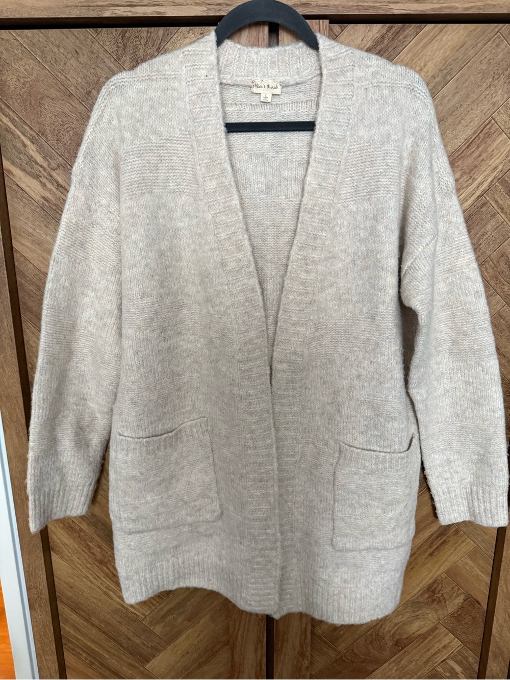 Hem & Thread Cream Open-Front Pocket Cardigan Sweater